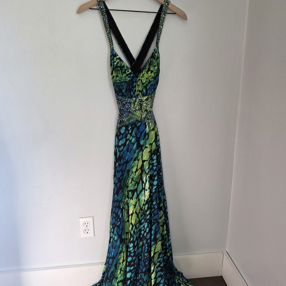 Jovani Green and Blue Printed V-Neck Prom Dress